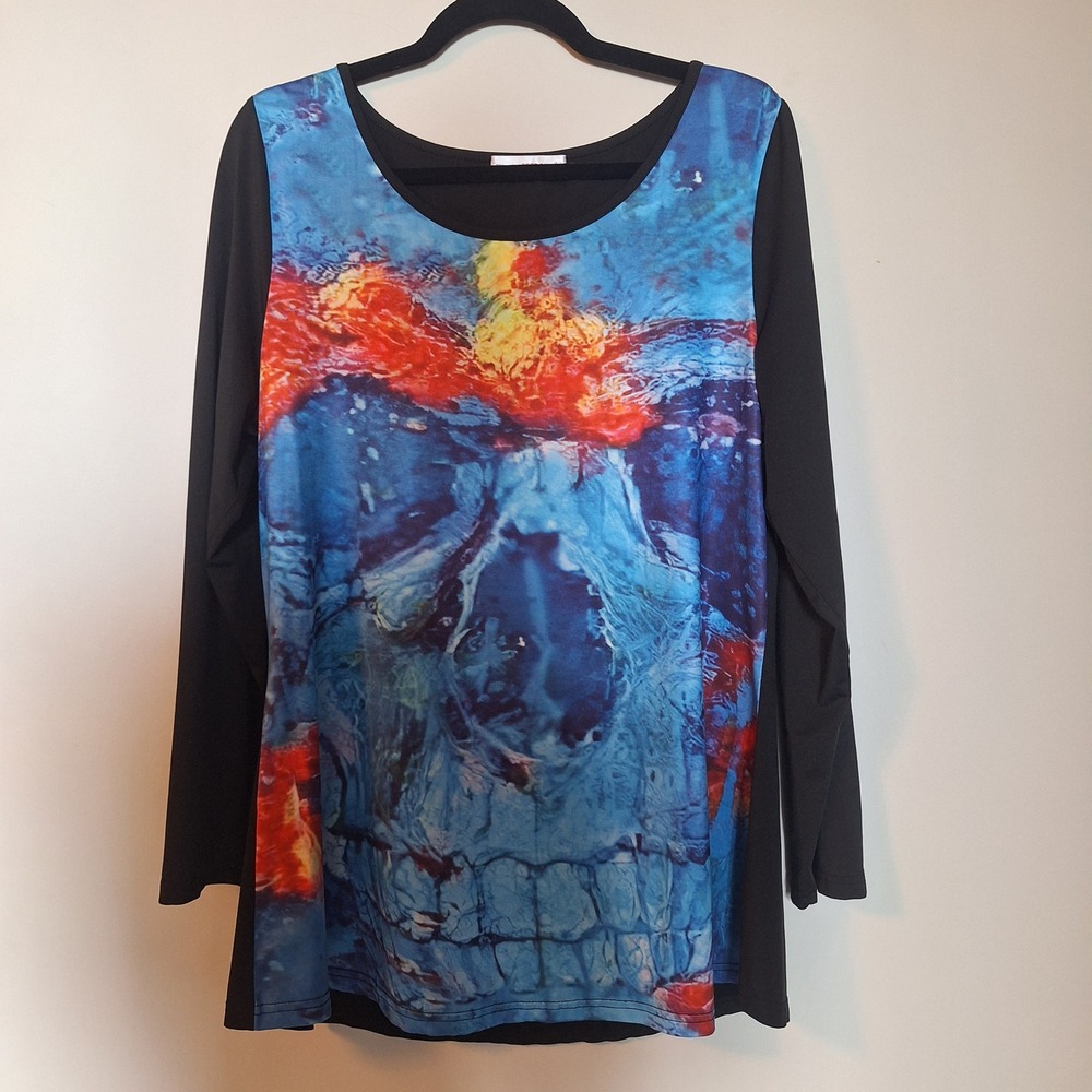 Rosegal Blue & Black Abstract Skull Graphic Long Sleeve Tunic Top Size Large
